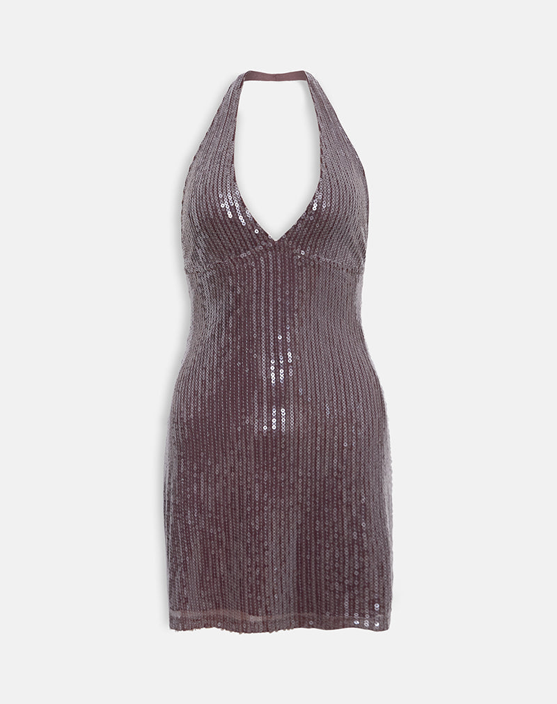 Halter Dress in Clear Tinted Sequin Brown