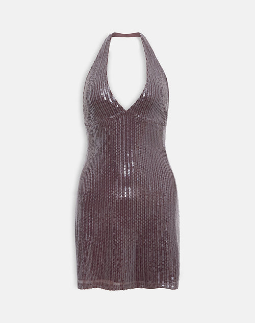 Halter Dress in Clear Tinted Sequin Brown